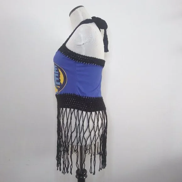 Sexy Boho Handmade DOUBLE DARE Royal Blue Cropped Halter Top w/ Fringes - Picture 4 of 7